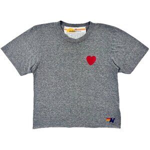 Aviator Nation Heart Embroidery Boyfriend Tee Women’s XS Heather Grey Cropped